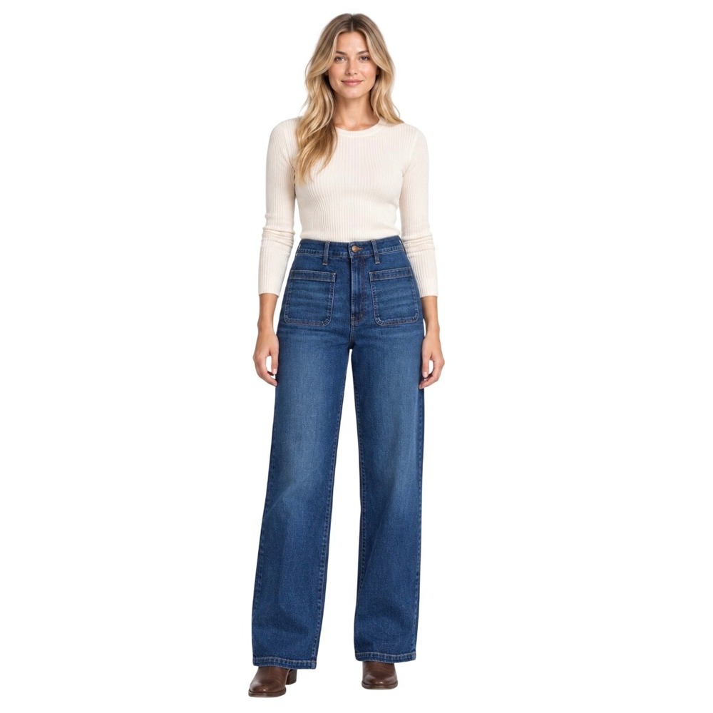 Madewell Emmett Wide-Leg Jeans Dark Wash High Rise Patch Pocket Denim 32T
